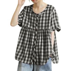 image:imagechouyatou Women Gingham Button Down Shirt Cotton Linen Shirt Plaid Short Sleeve Summer Tunic Tops BlousesBlack