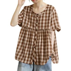 image:imagechouyatou Women Gingham Button Down Shirt Cotton Linen Shirt Plaid Short Sleeve Summer Tunic Tops BlousesCoffee