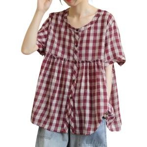 image:imagechouyatou Women Gingham Button Down Shirt Cotton Linen Shirt Plaid Short Sleeve Summer Tunic Tops BlousesRed