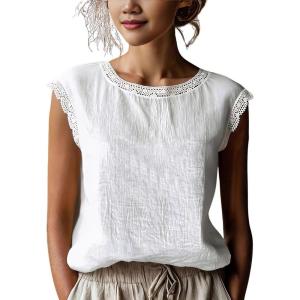 image:imagechouyatou Womens Summer Lace Eyelet Tshirts Shirts Crewneck Cap Sleeve Blouses Pullover Tops OutfitsKhaki