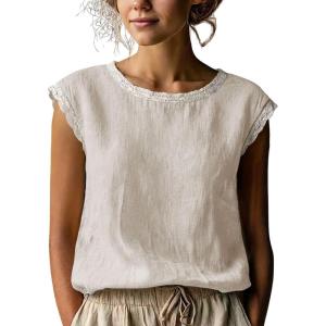 image:imagechouyatou Womens Summer Lace Eyelet Tshirts Shirts Crewneck Cap Sleeve Blouses Pullover Tops OutfitsWhite