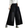image:imagechouyatou Womens Casual Wide Leg Denim Pants Baggy Culotte Jeans Elastic Waist Loose TrousersBlack