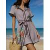 image:imagechouyatou Womens Boho Floral Button Down Belted Shirt Mini Dress Short Sleeve Cotton Tunic Beach Dress with PocketsLotus Root