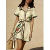 image:imagechouyatou Womens Boho Floral Button Down Belted Shirt Mini Dress Short Sleeve Cotton Tunic Beach Dress with PocketsYellow