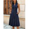 image:imagechouyatou Womens Sleeveless Denim Tank Dress V Neck Button Front A Line Midi Jean Sundress with PocketsDark Blue