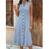 image:imagechouyatou Womens Sleeveless Denim Tank Dress V Neck Button Front A Line Midi Jean Sundress with PocketsLight Blue