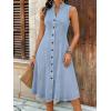 image:imagechouyatou Womens Sleeveless Denim Tank Dress V Neck Button Front A Line Midi Jean Sundress with PocketsLight Blue