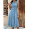 image:imagechouyatou Womens Sleeveless Denim Tank Dress V Neck Button Front A Line Midi Jean Sundress with PocketsSky Blue