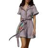 image:imagechouyatou Womens Boho Floral Button Down Belted Shirt Mini Dress Short Sleeve Cotton Tunic Beach Dress with PocketsLotus Root