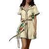 image:imagechouyatou Womens Boho Floral Button Down Belted Shirt Mini Dress Short Sleeve Cotton Tunic Beach Dress with PocketsYellow
