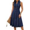 image:imagechouyatou Womens Sleeveless Denim Tank Dress V Neck Button Front A Line Midi Jean Sundress with PocketsDark Blue