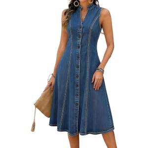 image:imagechouyatou Womens Sleeveless Denim Tank Dress V Neck Button Front A Line Midi Jean Sundress with PocketsBlue