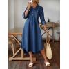 image:imagechouyatou Womens Rolled Up Sleeve Jean Shirt Dress Loose A Line Flare Midi Denim Dress with SplitDark Blue