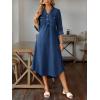 image:imagechouyatou Womens Rolled Up Sleeve Jean Shirt Dress Loose A Line Flare Midi Denim Dress with SplitDark Blue