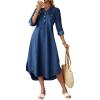 image:imagechouyatou Womens Rolled Up Sleeve Jean Shirt Dress Loose A Line Flare Midi Denim Dress with SplitDark Blue