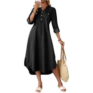 image:imagechouyatou Womens Rolled Up Sleeve Jean Shirt Dress Loose A Line Flare Midi Denim Dress with SplitBlack