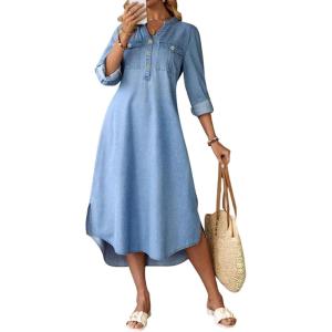 image:imagechouyatou Womens Rolled Up Sleeve Jean Shirt Dress Loose A Line Flare Midi Denim Dress with SplitBlue