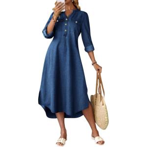 image:imagechouyatou Womens Rolled Up Sleeve Jean Shirt Dress Loose A Line Flare Midi Denim Dress with SplitDark Blue