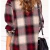 image:imagechouyatou Womens Elegant Herringbone Plaid Button Down Wool Blend Midi Long Shacket Jacket Coat with PocketsRed
