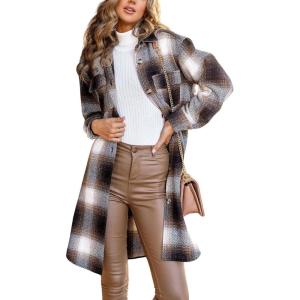 image:imagechouyatou Womens Elegant Herringbone Plaid Button Down Wool Blend Midi Long Shacket Jacket Coat with PocketsBrown
