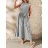 image:imagechouyatou Womens Tie Waist Striped Maxi Dress Sleeveless Cotton Beach Sundress Swing Tank Long Dress with PocketsBlack
