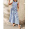 image:imagechouyatou Womens Tie Waist Striped Maxi Dress Sleeveless Cotton Beach Sundress Swing Tank Long Dress with PocketsBlue