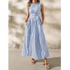 image:imagechouyatou Womens Tie Waist Striped Maxi Dress Sleeveless Cotton Beach Sundress Swing Tank Long Dress with PocketsBlue
