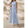 image:imagechouyatou Womens Tie Waist Striped Maxi Dress Sleeveless Cotton Beach Sundress Swing Tank Long Dress with PocketsBlue