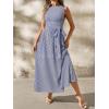 image:imagechouyatou Womens Tie Waist Striped Maxi Dress Sleeveless Cotton Beach Sundress Swing Tank Long Dress with PocketsNavy Blue
