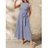 image:imagechouyatou Womens Tie Waist Striped Maxi Dress Sleeveless Cotton Beach Sundress Swing Tank Long Dress with PocketsNavy Blue