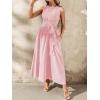 image:imagechouyatou Womens Tie Waist Striped Maxi Dress Sleeveless Cotton Beach Sundress Swing Tank Long Dress with PocketsPink