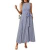image:imagechouyatou Womens Tie Waist Striped Maxi Dress Sleeveless Cotton Beach Sundress Swing Tank Long Dress with PocketsNavy Blue