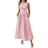 image:imagechouyatou Womens Tie Waist Striped Maxi Dress Sleeveless Cotton Beach Sundress Swing Tank Long Dress with PocketsPink
