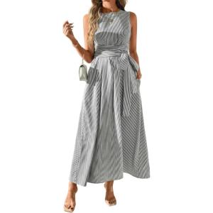 image:imagechouyatou Womens Tie Waist Striped Maxi Dress Sleeveless Cotton Beach Sundress Swing Tank Long Dress with PocketsBlack