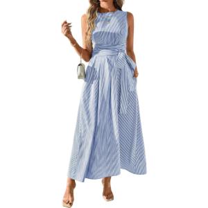 image:imagechouyatou Womens Tie Waist Striped Maxi Dress Sleeveless Cotton Beach Sundress Swing Tank Long Dress with PocketsBlue