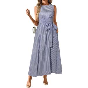 image:imagechouyatou Womens Tie Waist Striped Maxi Dress Sleeveless Cotton Beach Sundress Swing Tank Long Dress with PocketsNavy Blue