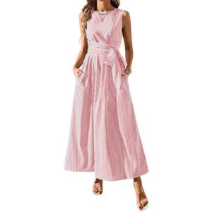 image:imagechouyatou Womens Tie Waist Striped Maxi Dress Sleeveless Cotton Beach Sundress Swing Tank Long Dress with PocketsPink