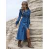 image:imagechouyatou Women Fall Belted Midi Long Corduroy Shirt Dress Long Sleeve Casual Western ALine Winter DressBlue