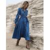 image:imagechouyatou Women Fall Belted Midi Long Corduroy Shirt Dress Long Sleeve Casual Western ALine Winter DressBlue