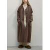 image:imagechouyatou Womens Button Down Wool Coat Loose Fit Trench Coat Winter Mid Long Overcoat with Removable ScarfCoffee