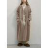 image:imagechouyatou Womens Button Down Wool Coat Loose Fit Trench Coat Winter Mid Long Overcoat with Removable ScarfKhaki