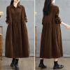 image:imagechouyatou Womens Fall Button Down Corduroy Shirt Dress Long Sleeve ALine Pleated Midi Long Winter DressBrown