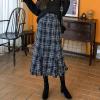 image:imagechouyatou Womens Fall Winter Elegant Plaid Tassels Fringe Lined Tweed Zip Up A Line Long Midi SkirtBlue