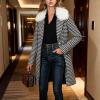 image:imagechouyatou Womens Houndstooth Tweed Wool Trench Coat Faux Fur Collar Dressy Winter Warm Mid Long OvercoatBlack