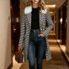 image:imagechouyatou Womens Houndstooth Tweed Wool Trench Coat Faux Fur Collar Dressy Winter Warm Mid Long OvercoatBlack