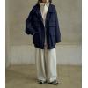 image:imagechouyatou Womens Winter Hooded Wool Coat Casual Loose Trench Pea Coat Zip Up Wool Blend Utility Safari JacketNavy