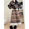 image:imagechouyatou Womens Winter Warm Fleece Lined Wool Skirt Striped Lace Crochet Eyelet A Line Flared Midi SkirtBrown