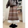 image:imagechouyatou Womens Winter Warm Fleece Lined Wool Skirt Striped Lace Crochet Eyelet A Line Flared Midi SkirtBrown