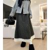 image:imagechouyatou Womens Winter Warm Fleece Lined Wool Skirt Striped Lace Crochet Eyelet A Line Flared Midi SkirtDark Grey