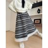 image:imagechouyatou Womens Winter Warm Fleece Lined Wool Skirt Striped Lace Crochet Eyelet A Line Flared Midi SkirtLight Grey